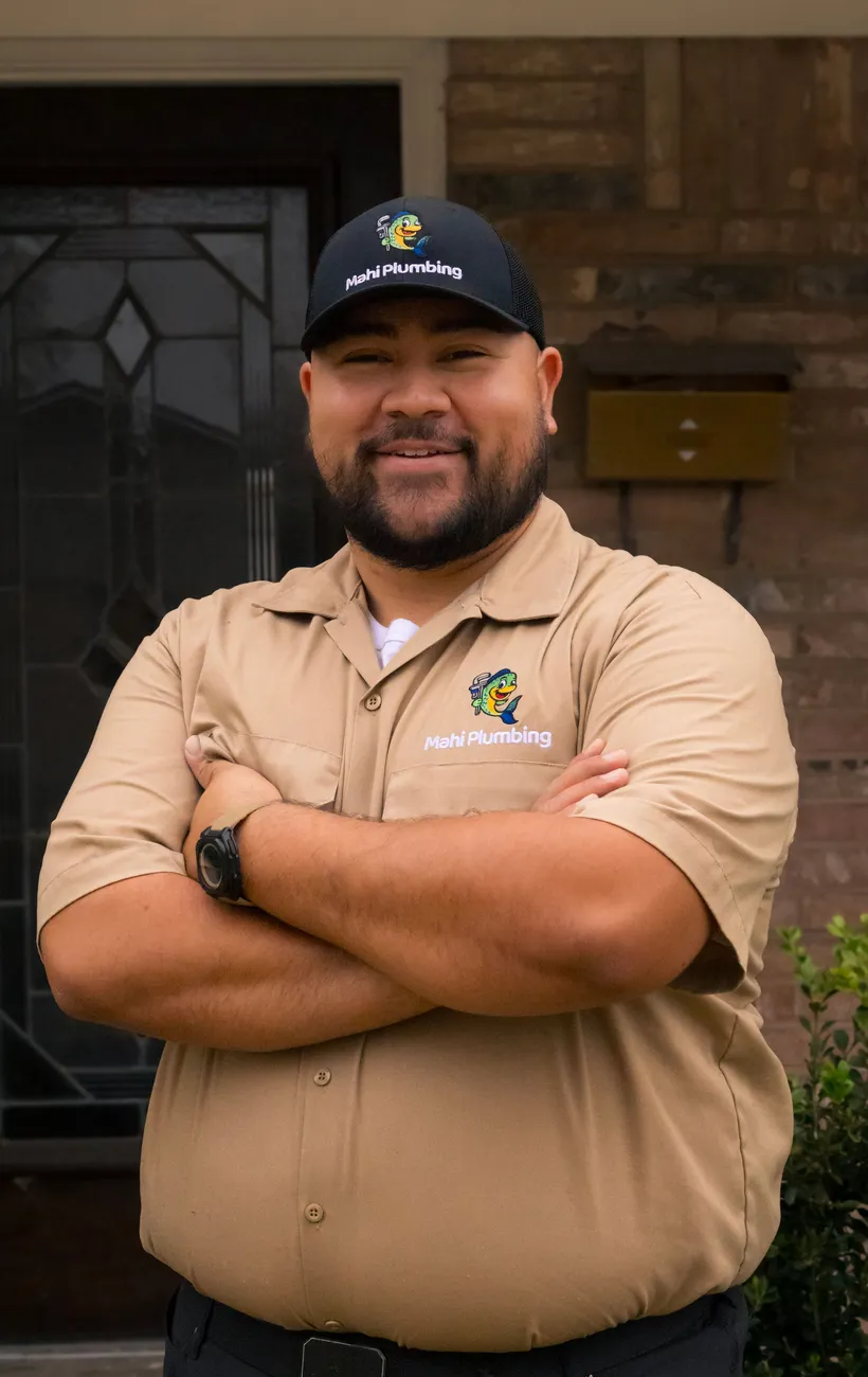 AJ Robles, owner and licensed Master Plumber of Mahi Plumbing, in uniform outside a Houston-area home